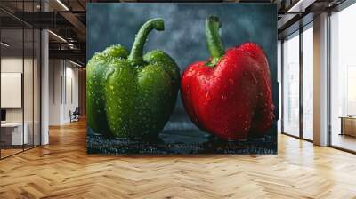 A green and red pepper with water droplets on it Wall mural