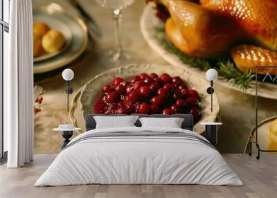 A small dish of bright red cranberry sauce with whole berries, placed beside a roast turkey on a Thanksgiving table Wall mural