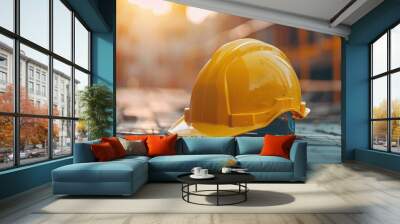 Close up construction helmet or hardhat placed on the ground of construction site Wall mural