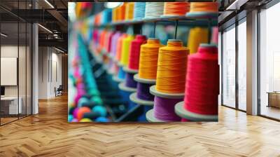 Closeup of Colorful Thread Spools on a Spinning Machine Wall mural