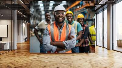 Group of industrial workers standing confident at industrial factory wearing safety vest and hardhat smiling on camera Wall mural