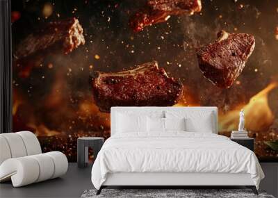 slices of freshly flame grilled steak flying on a dark background with rosemary and seasonings Wall mural