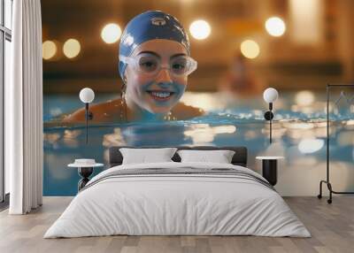 Young woman wearing swim cap and goggles smiling while swimming in a pool, indoor sports facility, water reflecting light Wall mural