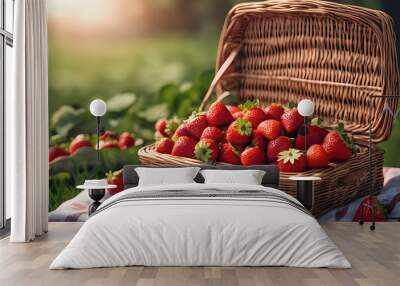 Fresh strawberries in a picnic basket Wall mural