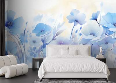 Flower whimsical watercolor painting wallpaper - turquoise blue purple floral oil painting panorama artwork - horizontal colorful modern hand painted landscape panoramic luxury canvas art Wall mural