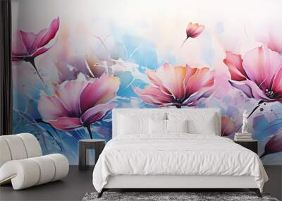 Flower whimsical watercolor painting wallpaper - turquoise pink purple floral oil painting panorama artwork - horizontal colorful modern hand painted landscape panoramic luxury canvas art Wall mural