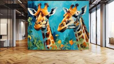 Giraffe animal oil painting artwork - hand painted giraffe head colorful whimsical watercolor illustration panorama canvas art portrait - zoo animal wildlife jungle mammal wallpaper background Wall mural