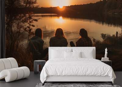 Three friends are admiring the sunset on the shore of a large lake. The concept of friendship. Wall mural