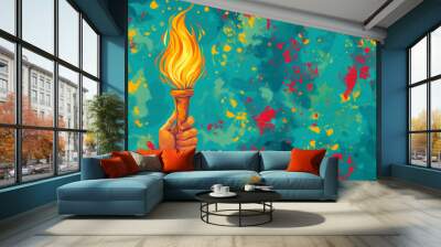 Flame burns in Olympic torch against blurred sports background Wall mural