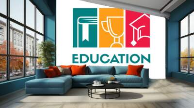 Education vector logo template with book, trophy and student hat symbol. Wall mural