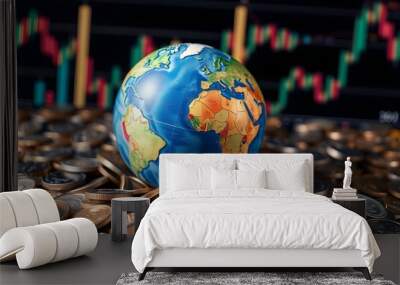 A globe sits atop a towering stack of coins, symbolizing global economy and finance amidst a backdrop of fluctuating financial charts. Ai Wall mural