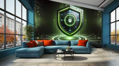 a glowing shield with a lock symbol at its center, representing digital security and protection. Green Shield  Wall mural