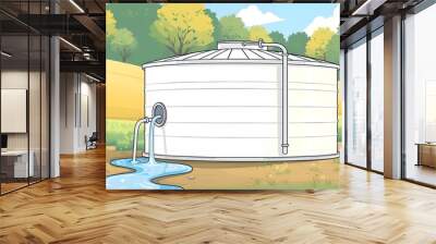 A white water tank in a serene rural landscape with a tree and blue sky. It demonstrates sustainability and natural water storage in a countryside setting. Wall mural