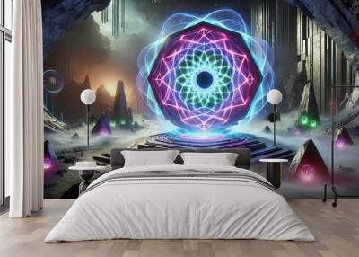 Futuristic sci-fi scene featuring a mystical portal, circular geometric structure aglow with neon colors amidst swirling mist. Generative ai  Wall mural