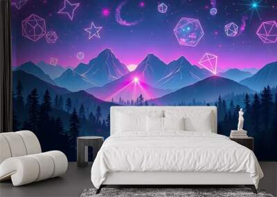 Surreal neon mountains with a vibrant night sky Wall mural