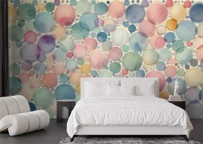 This image features a vibrant assortment of pastel-colored circles forming an abstract geometric pattern. The harmonious blend of colors creates a soothing and artistic visual experience. Wall mural