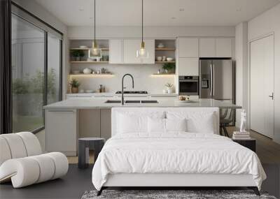  a modern kitchen with a sleek design, featuring a marble island, stainless steel appliances, and white cabinetry. Warm wooden floors and natural light from large windows create a sophisticated 
 Wall mural