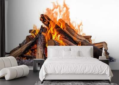 A fire pit with logs and flames on a white background, created by Generative AI Wall mural