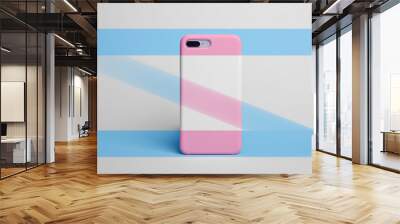 Smart phone in case linearly colored in blue and pink colors, unpainted part in gray and white color. Template of phone case. Horizontal mock up  Wall mural