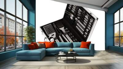 New barbecue set with skewers, forks and knives in an aluminum suitcase with a handle on a white background Wall mural