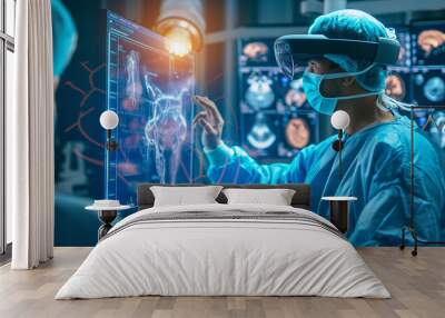 A doctor wearing a VR headset interacts with futuristic digital displays, possibly for surgery planning or medical training. Wall mural