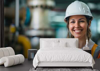 A smiling woman in safety gear at an industrial site, representing themes like empowerment and workplace equality, suitable for International Women's Day. Wall mural