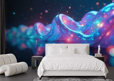 Abstract swirling neon blue and pink glitter waves, futuristic concept, cosmic energy, vibrant color palette, digital art background, for science fiction, fantasy, technology. Wall mural