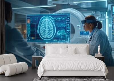 Biotech and Healthtech concept, A medical professional wearing augmented reality equipment is examining a brain scan beside a patient, depicting a high-tech, futuristic healthcare setting. Wall mural