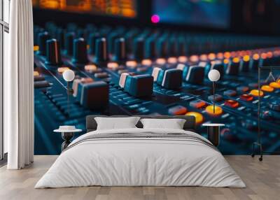 Close-up of an audio mixing console with illuminated controls in a recording studio, suitable for music production and event preparation. Wall mural