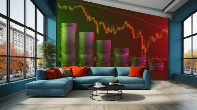 Concept of financial crisis, a gradual decline in coin pile with a blurry graph of investment stocks behind - 3d render. Wall mural