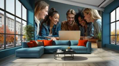 Happy Diverse Team Collaboration Using Laptop, Teamwork Concept Wall mural