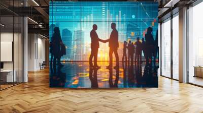 Silhouetted businesspeople shaking hands in a futuristic city with reflective surfaces and financial data overlays, conveying collaboration and success, for corporate events or financial seminar Wall mural