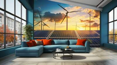 Sustainable Energy, Solar Panels and Wind Turbines at Sunset, Concept of Clean and Renewable Energy Sources. Wall mural