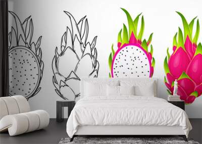 summer tropical fruits for healthy lifestyle red dragon fruit whole fruit and half vector illustration flat cartoon icon isolated on white.Vector eps 10	 Wall mural