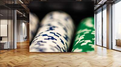 Selective focus shot of white and green poker chip stacks Wall mural