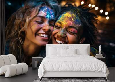 A vibrant close of two friends embracing, their faces beaming with joy and laughter Wall mural