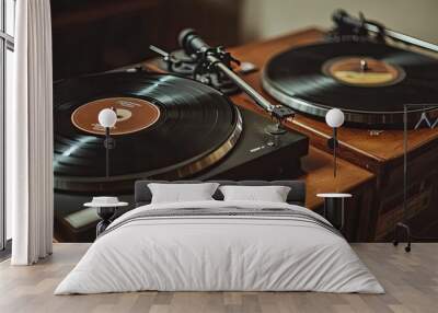 Two Turntables on a Wooden Table  Wall mural