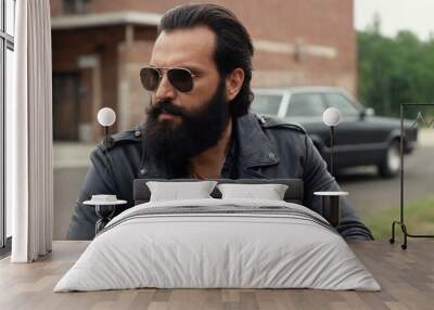 A bearded biker with a skull motif relaxes against a wooden background, exuding rugged style and attitude. Wall mural