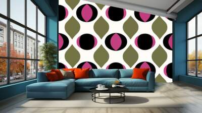 Delightful pattern consisting of black and pink circles on a pristine white canvas, reminiscent of the iconic art deco style. The playful peppermint motif adds a touch of whimsy, while. Wall mural