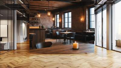 Empty restaurant with modern yet rustic interior design, featuring cozy wooden furniture and clean, spacious atmosphere. Wall mural