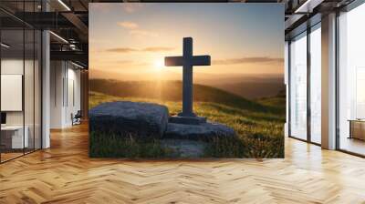 Sunlit cross stands against a heavenly sunrise sky Wall mural