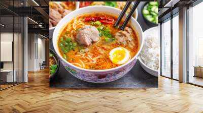 A steaming bowl of spicy ramen is filled with tender meat, vibrant greens, and a soft-boiled egg, served alongside rice and pickled vegetables in a welcoming dining atmosphere. Generative AI Wall mural