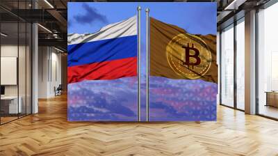 Russia flag and Bitcoin Flag waving over blue sky (digitally generated Wall mural