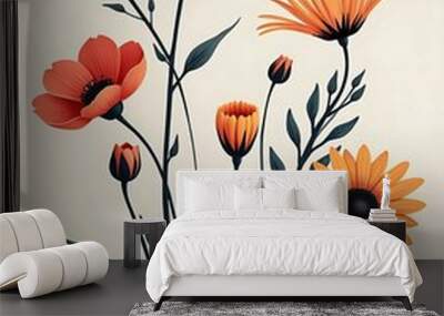 Vibrant Floral Illustration: Red Poppies and Orange Daisies on a Pale Background Wall mural