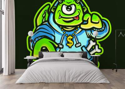 Green Monster wearing hoodie  cartoon Wall mural