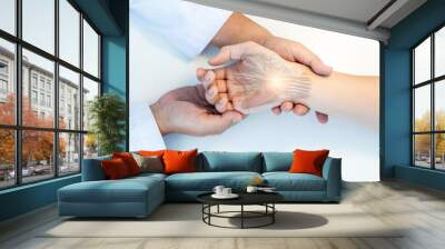 The orthopedic doctor or surgeon in uniform examined the patient with numbness of hand.Wrist pain in carpal tunnel syndrome with transparent anatomy of median nerve.Light effect on white background. Wall mural