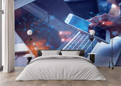 businessman with smartphone mobile and laptop notebook computer in network social digital online connect to data ai concept, fintech bitcoin Wall mural