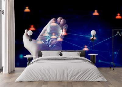 hand hold glass global world on black background with social people icon Wall mural