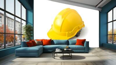 safety helmet yellow color on white background, hard protect head hat on isolated, worker officer protection, engineer equipment, carpenter tool, under construction Wall mural