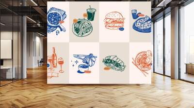 Minimalist hand drawn food and drink vector illustration collection. Art for postcards, branding, logo design, background. Wall mural